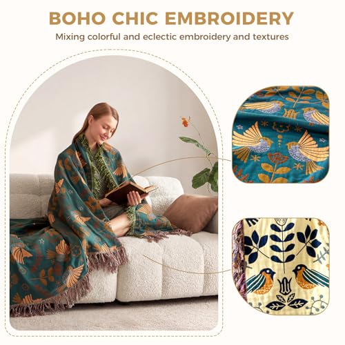 LUTBM Boho Throw Blanket for Couch 100% Cotton Soft Birds and Floral Double Embroidery Breathable Summer Throw Blankets,50"x60" All Season Reversible Throws for Sofa Chair Livingroom Home Decor - color: Animal-bird-a, size: 50"×60"