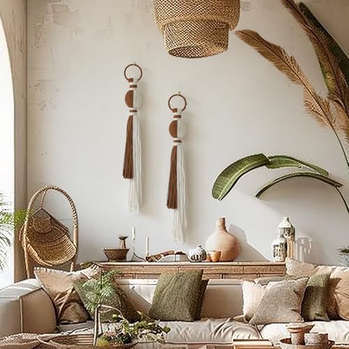 IOWER 2Pcs Macrame Wall Hanging Boho Home Decor Fiber Art with Sphere Knots Tassels Handmade Yarn Art for Bedroom Living Room Office Entryway - color: Ivory and Brown