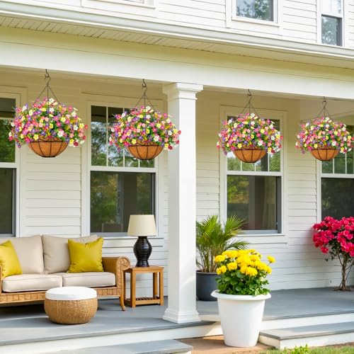 Ouddy Decor Artificial Hanging Flowers with Basket, Faux Silk Flowers in Coconut Lining Basket, Spring Summer Outdoor Decor Fake Hanging Plants for Garden Patio Yard Porch Lawn, Mixed Color - color: Mix Color