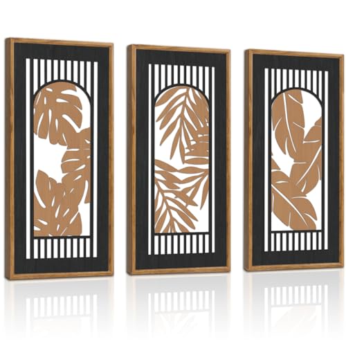 KAIRNE Rustic Tropical Boho Wall Decor,Palm Leaf Wooden Sign for Bathroom,Vintage Leaf Plant Hanging Wood Plaque Bohemian Wall Art Botanical Picture for Living Room Decoration 3 pcs(8x16Inch) - color: Tropical, size: 8"L x 16"W