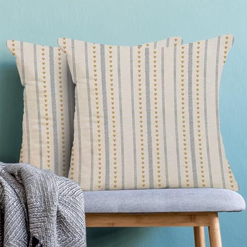 Boho Mid Century Pillow Covers 18x18 Inch Set of 2, Abstract Yellow Love Heart Decorative Throw Pillowcase Boho Stripe Outdoor Farmhouse Cushion Cover for Sofa Couch Bed Living Room Decor - color: Icv 1, size: 18" x 18" (Pack of 2)