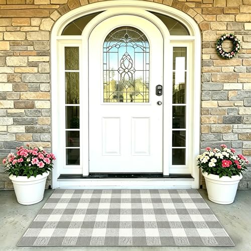MUBIN Cotton Buffalo Plaid Rug, 3' x 5' Gray White Outdoor Rug Front Door Decorative Mat, Washable Doormat Hand-Woven Foldable Area Rug Layered Door Mats Rug for Front Porch, Entryway, Patio - color: Gray White Plaid, size: 3' x 5' (Rectangular)