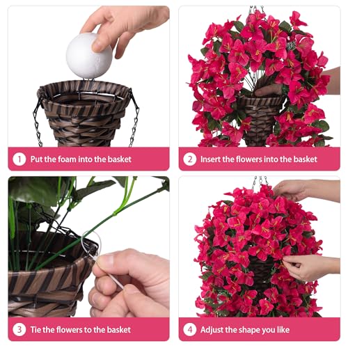 Bougainvillea Artificial Hanging Fake Flowers with Basket for Outdoors Decoration, Faux Silk Flowers UV Resistant Fake Plants Long Vines Realistic for Outside Front Door Balcony Porch Patio, Hotpink - color: Hotpink