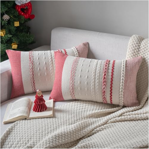Cethom Christmas Pillow Covers 12x20 Inch Set of 2, Red Textured Boho Christmas Decoration Couch Pillow Cases for Farmhouse Home Decor, Accent Cushion Cover for Sofa, Bed, Living Room, Bedroom - color: Red, size: 20" x 12" (Pack of 2)