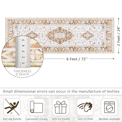Amearea Vintage Design Runner Rugs for Living Room, 2x6 Machine Washable Floral Collection Traditional Bedroom Rug, Low Pile Cute Kids Room Print Carpet, No Slip Office Kitchen Home Decor, Gold Yellow - color: Gold, size: 2' X 6' (Runner)