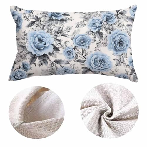 EKOBLA Blue Flowers and Leaves Decorative Throw Pillow Case Watercolor Floral Pattern Ink Painting Waist Lumbar Pillow Covers Cotton Linen Cushion Cover for Sofa Couch 12x20 Inches - color: Multi-bs24, size: 20" x 12" (Pack of 1)