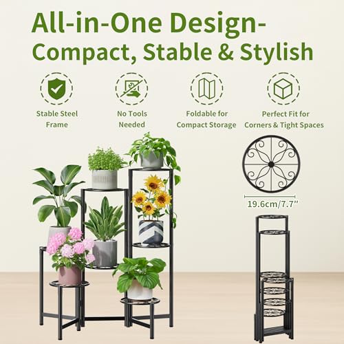 Plant Stand Outdoor,7 Tier Foldable Corner Tall Plant Shelf for Multiple Plants Flower Pot Holder Display Stand for Living Room Balcony Garden Patio -BlackS - color: BlackS, size: 7-tiers