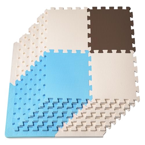 ProSource Baby Play Mat, Soft Foam Floor Tiles for Kids, Interlocking EVA Panels for Playpen Use, Crawling Development Surface, Safe Non-Toxic Toddler Flooring, 32 Tiles, Blue/Brown/Beige - color: Blue/Brown/Beige, size: 32 Tiles