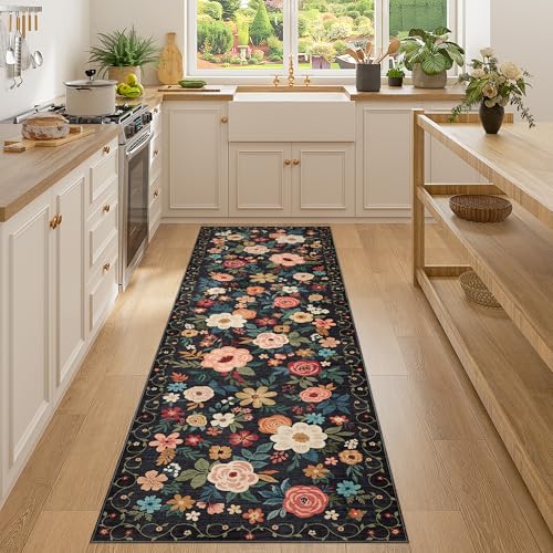 DUKINO Runner Rug, 2x7 Boho Kitchen Rug for Hallways with Low Pile Design, Washable Non Slip Backing Soft Floral Runner for Kitchen, Hallway, Entryway, Bedroom, Laundry, Black - color: Black, size: 2' x 7' (Rectangular)
