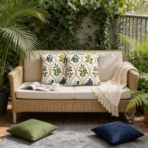 Alysheer Spring Summer Floral Embroidered Decorative Throw Pillow Cover 18"x 18" Set of 2, Flower Leaves Embroidery Patterned Multicolor Cushion Case for Sofa Couch Living Room Bedroom Outdoor - color: - Blue Mustard, size: 18" x 18" (Pack of 2)