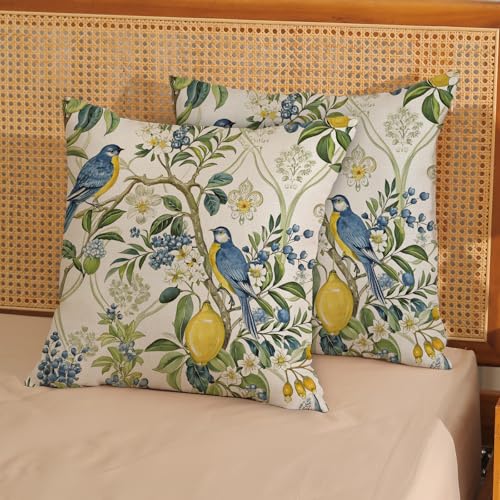 Chinoiserie Pillow Covers 16x16 Inch 2 Pcs Vintage Blue Green Floral Bird Decor Throw Pillows Boho Yellow Lemon Flower Spring Summer Outdoor Decoration Pillowcase Linen Cushion Cover for Couch - color: Chinoiserie Lemon Floral Bird, size: 16" x 16" (Pack