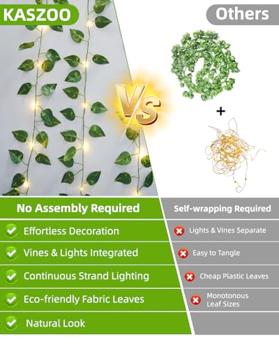 KASZOO 33ft 100 LED Vine with Fairy Lights - Pothos String Lights Battery/USB Operated, Ivy Garland with Remote, Leaf Lights for Bedroom Garden Party Wall Room Decor - color: Pothos-USB/Battery Powered-100 LED-Copper Wire
