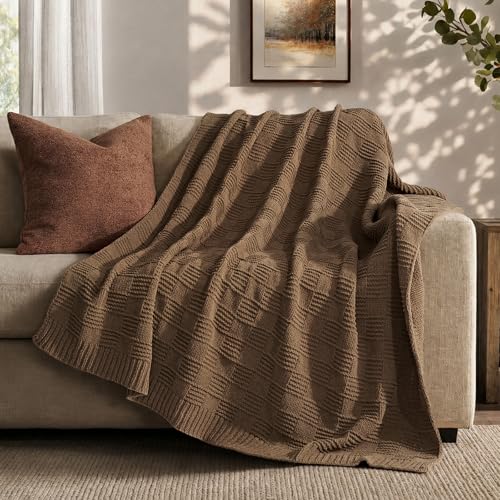 EVERGRACEHOME Modern Checkered Chenille Throw Blanket, Soft Cozy Plaid Knitted Blanket for Sofa & Couch, Decorative Knit Throw for Bed and Living Room, Camel Brown, 60" x 80" - color: Checkered Camel Brown, size: 60" X 80"
