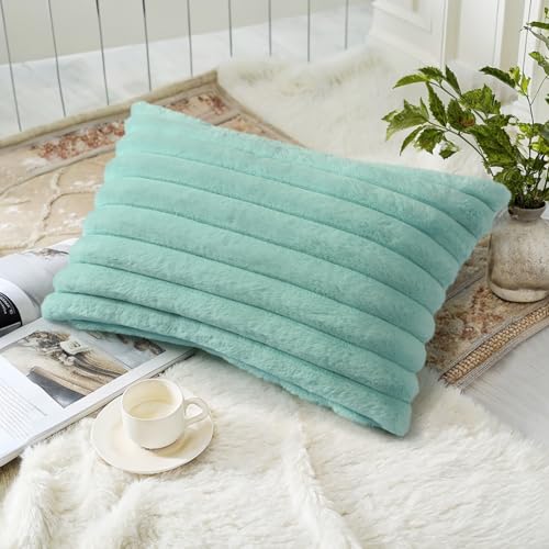 decorUhome Fall Cozy Faux Fur Throw Pillow Covers 12x20 Set of 2 Decorative Soft Plush Striped Lumbar Modern Farmhouse Boho Couch Pillow Cases with Velvet Back for Sofa Bed Living Room, Aqua - color: Aqua, size: 20" x 12" (Pack of 2)