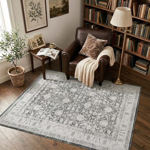 jinchan 4x6 Washable Vintage Area Rug, Distressed Traditional Floral Dining Room Rug, Soft Low-Pile Non-Slip Floor Mat for Bedroom Nursery Home Office Living Room, Grey - color: Oriental Grey, size: 4' x 6' (Rectangular)