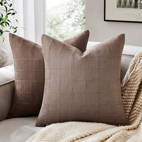 ZeeMart Linen Checked Throw Pillow Covers Set of 2, 18x18 Inch Allover Grid Cocoa Brown, Farmhouse Decorative Double Sided Grid Embroidered Couch Pillow Cases Brown Cotton Linen Cushion Covers - color: Allover Grid Cocoa Brown, size: 18" x 18" (Pack of 2)