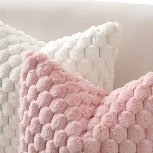 MIULEE Cute Pink Spring Faux Fur Decorative Throw Pillow Covers 18x18 Inch Set of 2 Super Soft Cozy Plush Cushion Cases Luxury Fluffy Pillowcases for Sofa Couch Bed Living Room Valentine Decor - color: Pink, size: 18" x 18" (Pack of 2)