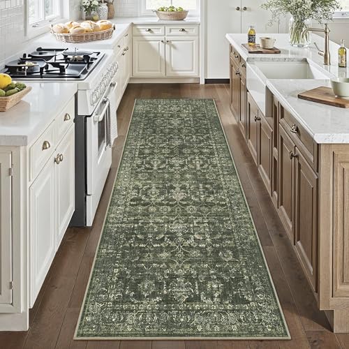 3x8 Green Runner Rug Hallway Washable Area Rugs Kitchen Vintage Boho Non Slip Long Rug Floral Carpet Indoor Retro Soft Low Pile Throw Rug for Bedroom Bathroom Laundry Dining Living Room Office - color: Dark Green, size: 3' x 8' (Runner)