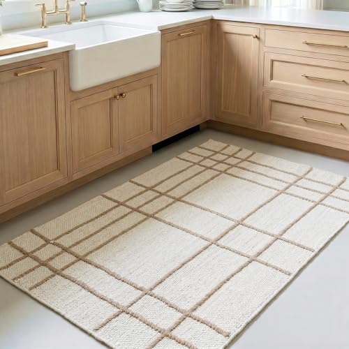 Homespice Faye Jute Plaid Area Rug 3x5' - Cotton Backed Premium Handmade Geometric Area Rug for Kitchen and Hallway, Lays Flat, Won't Fray or Shed, Soft Linen White with Beige Windowpane - color: Faye, size: 3' x 5' (Rectangular)