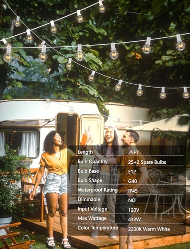 SUNSGNE 25FT Globe String Lights, G40 White Outdoor String Lights with 27 Clear Edison Bulbs(2 Spare) for Patio Balcony Decoration - White Wire - color: Clear-White, size: 25 Ft