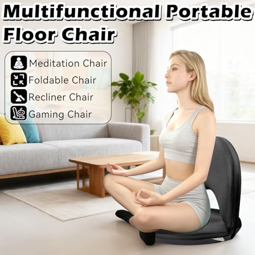 Floor Chair Floor Cushion Folding Padded Gaming Chair Adjustable 5-Position Floor Seat with Back Support for Kids Adult Great for Gaming Reading Meditating (Black) - color: Black
