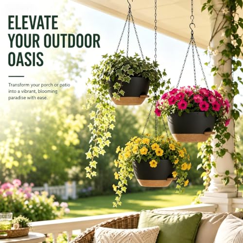 12 Inch Self Watering Hanging Planters 2 Pack, Indoor Outdoor Hanging Pots for Plants with Drainage Holes & Saucers, Black Brown Plastic Hanging Baskets for Kitchen Balcony Garden - color: Black Brown