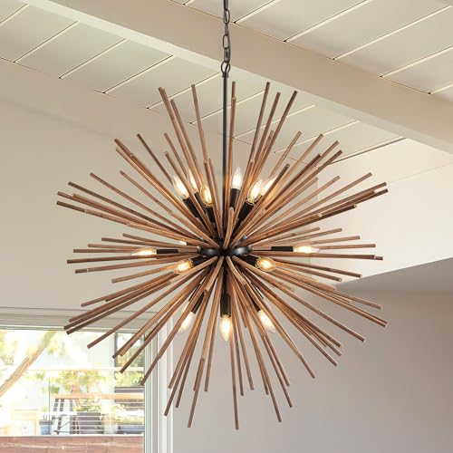 37.4" Farmhouse Sputnik Chandelier for Dining Room Rustic Handmade Natural Wood 18-Light Hanging Ceiling Pendant Light Fixture Starburst Wood Chandeliers for Kitchen Bedroom Foyer Hallway - size: Diameter 37.4", 18-Light