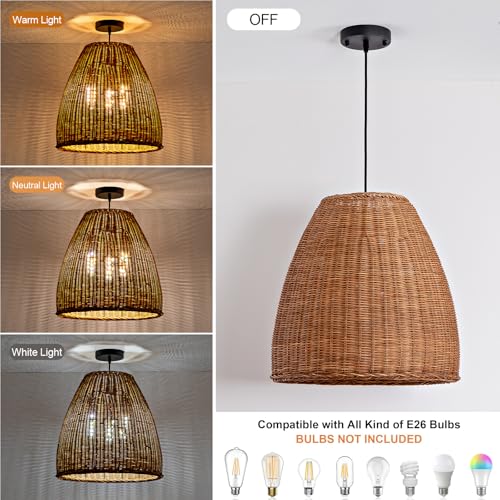 Farmhouse Rattan Chandelier 16.6" 3-Lights Boho Hand Woven Pendant Lights Wicker Dining Room Light Coastal Hanging Lighting Fixtures for Living Room Bedroom Kitchen Sink Restaurant Entryway Foyer - color: Brown-D-16.6IN
