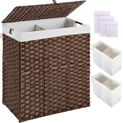 Greenstell Laundry Hamper with lid, No Install Needed, 110L Wicker Laundry Baskets Foldable 2 Removable Liner Bags, 2 Section Clothes Hamper Handwoven Rattan Laundry Basket with Handles, Brown - color: Brown