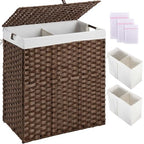 Greenstell Laundry Hamper with lid, No Install Needed, 110L Wicker Laundry Baskets Foldable 2 Removable Liner Bags, 2 Section Clothes Hamper Handwoven Rattan Laundry Basket with Handles, Brown - color: Brown