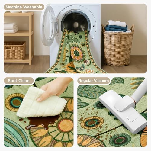 Joydeco Egypt Floral Boho Washable 5x7 Rug for Bedroom Nursery, Sage Green Vintage Living Room Playroom Area Rug Non Slip, Colorful Throw Carpet for Dining Room Kitchen Entryway Dorm - color: Sage Green, size: 5' x 7' (Rectangular)