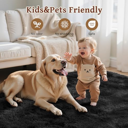 8x10ft Black Fuzzy Plush Living Room Rugs,Large Soft Fluffy Bedroom Area Rugs Non-Slip Shaggy Carpet for Nursery Kids PlayRoom Dorm Office Indoor Modern Carpets - color: A-black, size: 8' X 10' (Rectangular)