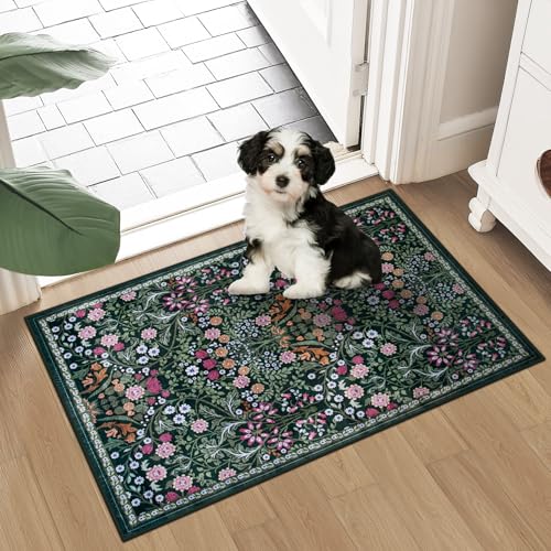 Entryway Rug 2X3 Small Rugs: Floral Washable Door Mat Vintage Soft Low Pile Non-Slip Kitchen Rugs Stain Resistant Indoor Throw Rug for Entrance, Bedroom, Kitchen, Laundry, Bathroom Dark Green - color: Dark Green, size: 2' x 3' (Rectangular)