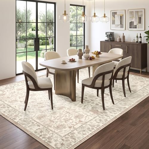 8x10 Area Rugs for Living Room, Washable Area Rug Beige Floral Printed, Non Slip Low Pile Neutral Rug, Vintage Boho Throw Rug, Stain Resistant Carpet for Bedroom Playroom Dining Room Office - color: Beige Floral, size: 8' x 10' (Rectangular)