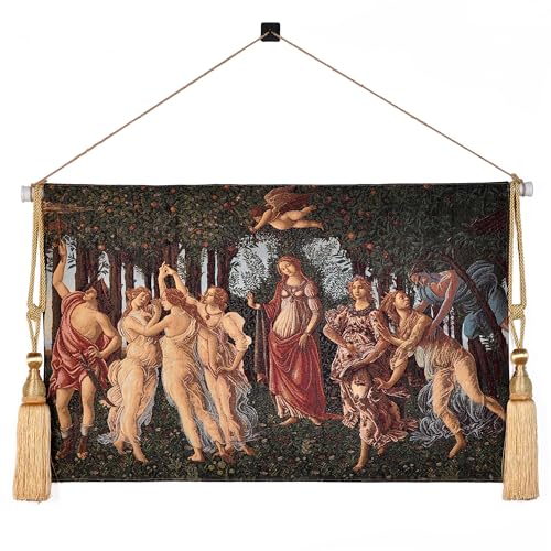 AureoMadis Primavera by Botticelli Tapestry Wall Hanging Set, 42"x27" Renaissance Medieval Vintage Victorian Woven Tapestries with Rod, Tassels & Hooks (Green：Botticelli's 'The Spring' Inspired Timeless Color Symphony) - color: Green：Botticelli's 'The Spr