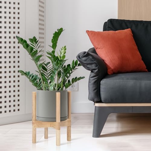 D'vine Dev Ceramic Planter with Natural Stand - 8 Inch Modern Round Flower Pot with Wood Planter Holder, Grey, 55-B-N-3 - color: Grey Pot + Natural Stand, size: 8 Inch