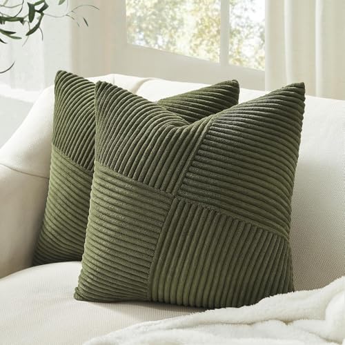Topfinel Set of 2 Olive Green Decorative Throw Pillow Covers 16x16 Inches for Couch Bed Sofa, Boho Aesthetic Home Decor, Soft Corduroy Striped Patchwork Windmill Textured Cushion Cases 40x40 cm - color: Olivegreen, size: 16" x 16" (Pack of 2)