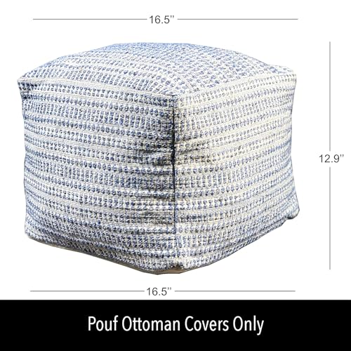 Chardin home UNSTUFFED Ottoman, Cozy & Bohemian Pouf Covers, Hand Crafted Casual Seating, Footrest, Square Floor Pillow for Home, Office, Bedroom, Living Room, 16.5" x 16.5"x 12.9", Blue-Off White - color: Blue-cream, size: 16.5"D x 16.5"W x 12.9"H