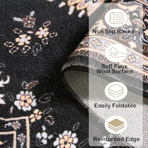 HOMORE Black Rug 4x6 Area Rugs for Bedroom, Washable Non Slip Rug for Living Room Vintage Floral Rugs for Kids Room, Indoor Carpet for Kitchen Farmhouse Home Office - color: Black, size: 4' x 6' (Rectangular)