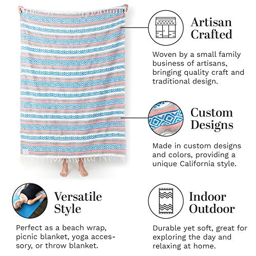Gray, Teal and Pink Mexican Blanket by Laguna Beach Textile Co - Beach, Yoga, Camping, or Decorative Throw Blanket - Traditional Handmade Serape - Gray Blush - color: Gray Blush
