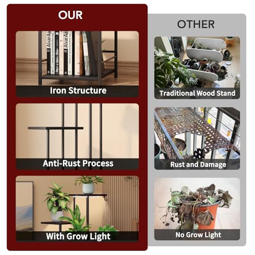 Homsorout Plant Stand Indoor with Grow Light - 5-Tier Metal Plant Shelf with Hanging Basket Hook, Corner Tall Flower Holder for Multiple Plants, Living Room Balcony Garden Patio, Black - color: Black, size: 5-Tier