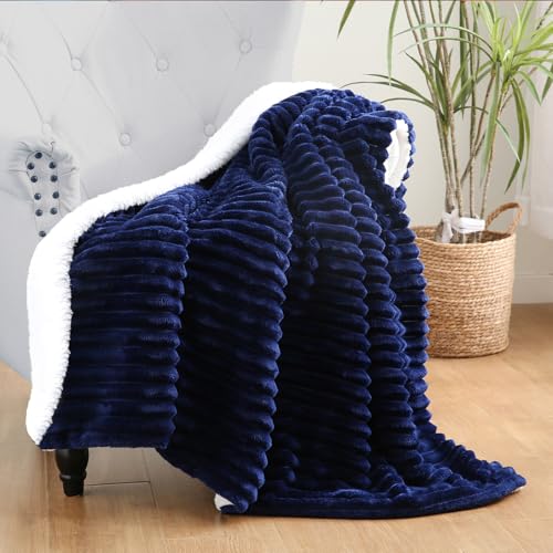 Navy Blue Sherpa Fleece Throw Blanket 50”×60” for Couch Sofa Bed,Double Side Soft Fuzzy Cozy Plush Thick Flannel Blanket with Striped Design Gift for Adults,Woman,Girls - color: Navy Blue, size: 50×60inch
