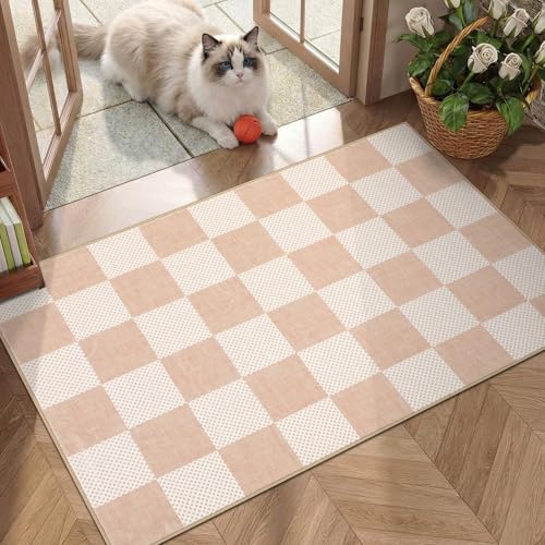 GarveeHome Checkered Blush Beige Neutral Small 2x3 Washable Rug Door Mat Geometric Modern Soft Low-Pile Stain Resistant Rug for Entryway Bedroom Bathroom Kitchen Nursery Non-Slip TPE Backing - color: Blush Beige, size: 2' x 3' (Rectangular)