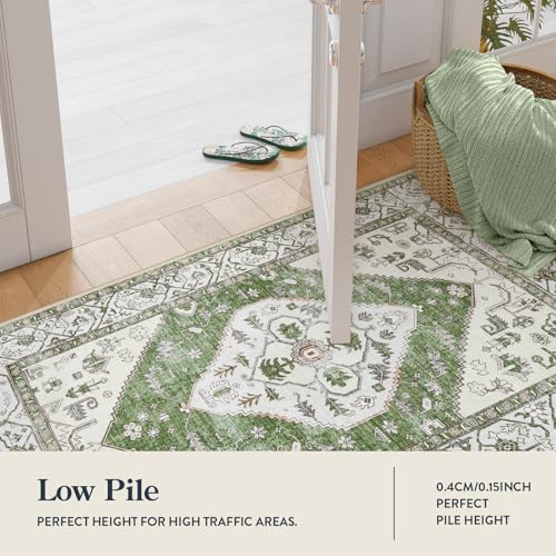 Lahome Boho Indoor Rugs for Entryway - 2x3 Area Rug Non-Slip Backing Washable Inside Door Mats Low-Profile Throw Rugs for Bathroom, Vintage Print Distressed Rug for Kitchen Bedside Adelyn Green - color: Green, size: 2' x 3' (Rectangular)