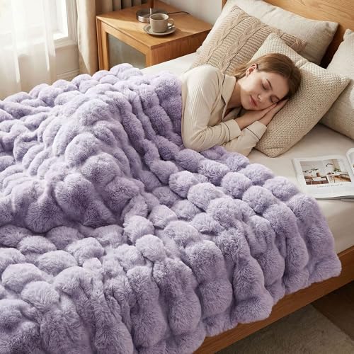 JONIYEAR Extra Large Soft Fuzzy Bubble Faux Rabbit Fur Bed Blanket Queen Size 80" x 90", Reversible Aesthetic Warm Thck Fluffy Blanket for Winter, Luxury Cozy Shaggy Plush Furry Blankets,Lilac Purple - color: Lilac Purple - 900gsm, size: Queen Size - 80"
