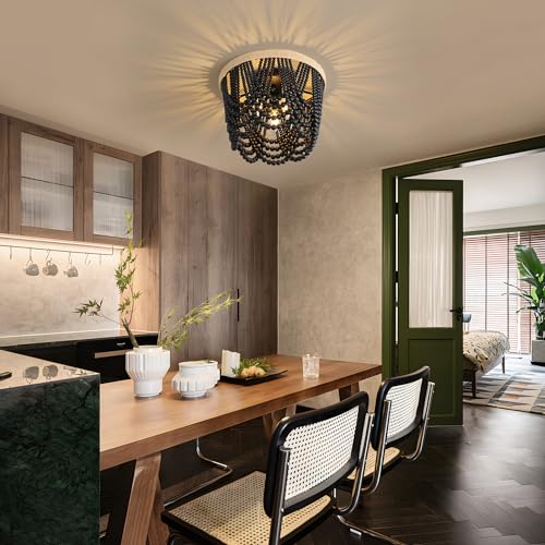 Bohemian Lighting Bohemian Chandelier Handmade Beaded Chandelier Vintage Hemp Rope Woven Ceiling Lighting 3 Lights Wood Bead Chandelier Nursery Lighting Bedroom Ceiling Light (Black) - color: Black