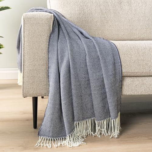 PAVILIA Navy Blue Herringbone Throw Blanket for Couch Bed, Decorative Outdoor Throw Blanket, Faux Cashmere Blanket Throw, Lightweight Accent Sofa Blanket Throw, 50x60 - color: Herringbone - Navy Blue, size: 50 X 60 Inches - Throw