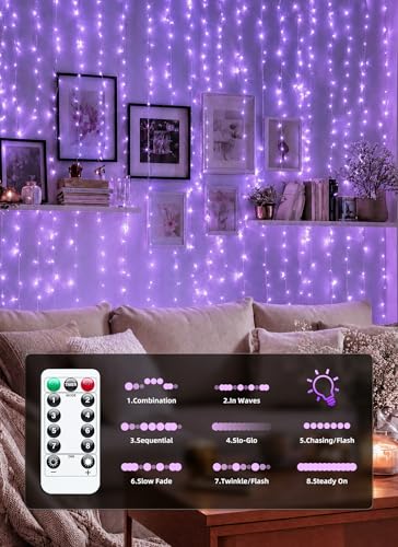 Brightown 300 LED Purple Fairy Curtain Lights, 9.8ft x 9.8ft String Lights, USB Plug in 8 Lighting Modes Christmas String Hanging Lights with Remote for Bedroom Indoor Outdoor Party Xmas Purple 1 Pack - color: Purple, size: 1 Pack-300 LED-USB Plug