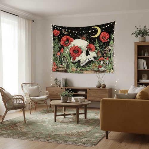 Accnicc Floral Skull Tapestry Vintage Flower Gothic Skeleton Tapestries Wall Hanging Mushroom Butterfly Plant Snake Horror Small Tapestry for Bedroom Living Room Dorm 48 x 36 inch - color: Red Green, size: 48"L x 36"W