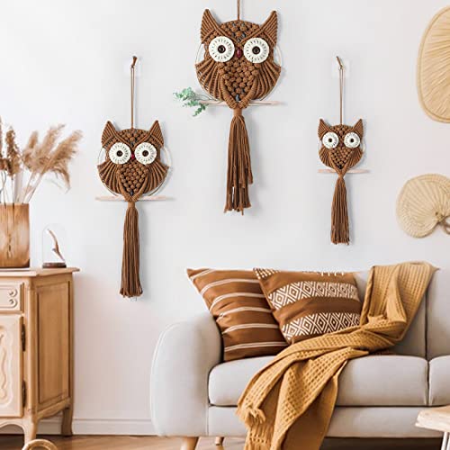 MVSUTA Owl Brown Cotton Handmade Macrame Wall Hanging Tapestry Home Decor Art and Cream Craft Wonderful Decoration Woven Beige Boho Ornament for Office Bedroom Apartment Living Room Nursery - color: Brown, size: 3pcs set:1pc L & 1pc M & 1pc S